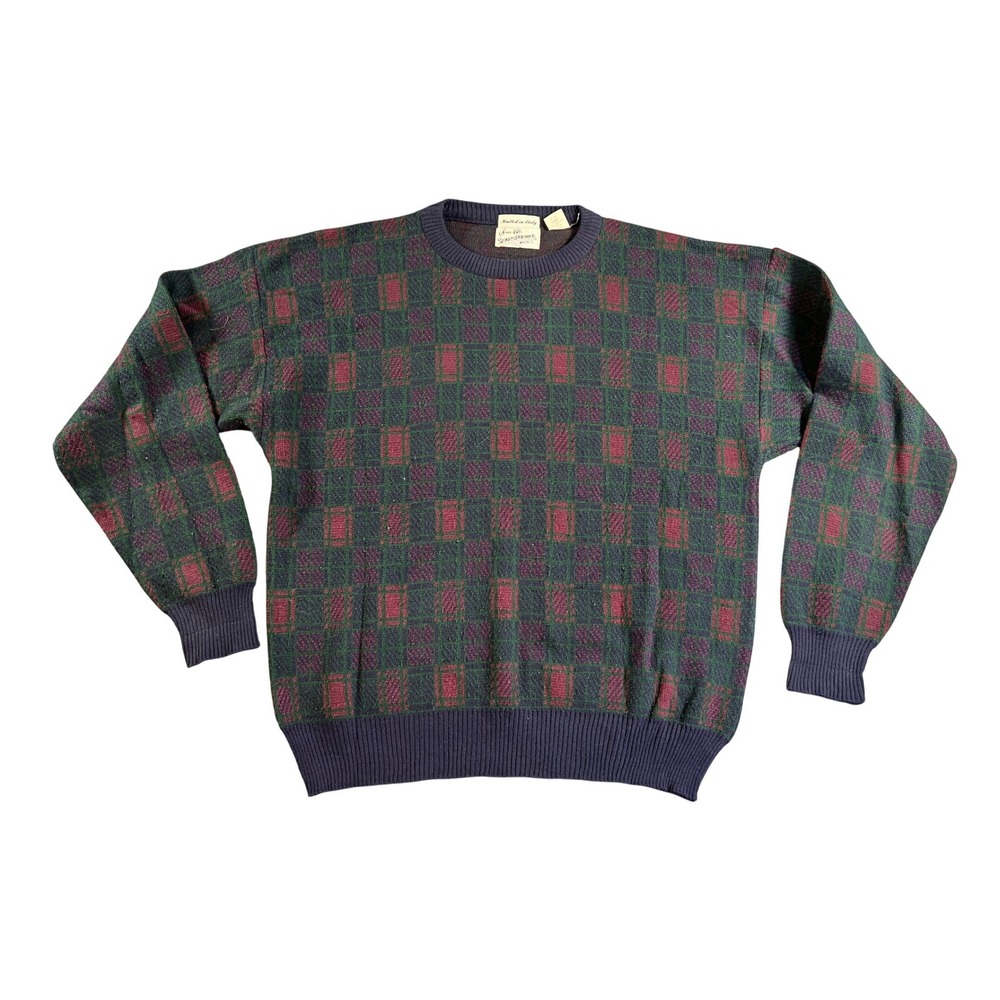 Vintage Sears Roebuck Sweater Men Large Green Burgundy Plaid Wool‎ Made in Italy